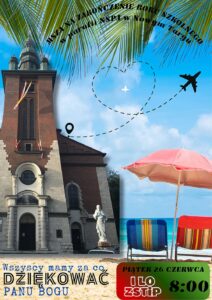budynek kościoła, leżaki parasol plażowy, msza święta 26 czerwca o godz. 8:00